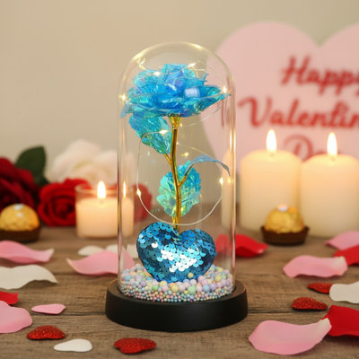 Fleurs artificielles roses élégantes et réalistes - Fleur de beauté éternelle réaliste avec couvercle en plastique et lumières DEL pour la Saint-Valentin, cadeaux pour la fête des Mères, décoration de mariage et décoration romantique pour la maison