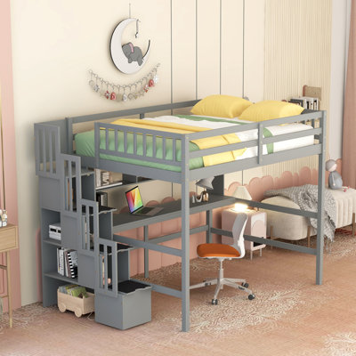 Grey Full Loft Bed With Desk Storage Staircase By RIDGEPOLE