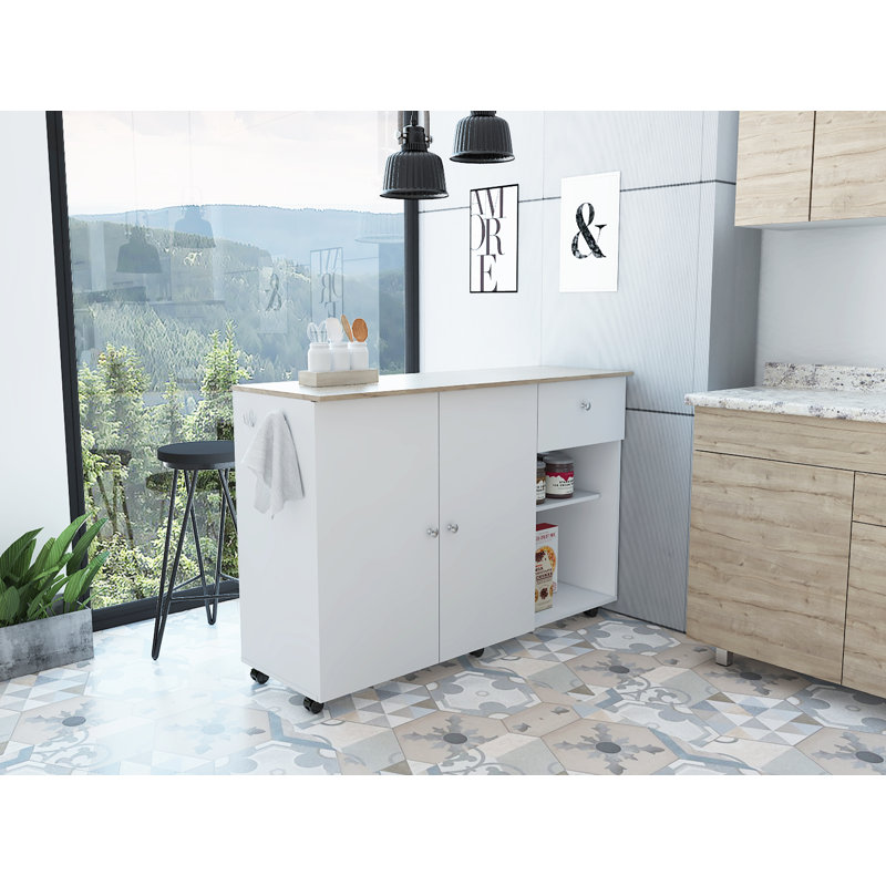 Îlot de cuisine mobile avec roulettes Victoria, six tablettes intérieures, un tiroir et une armoire, Blanc