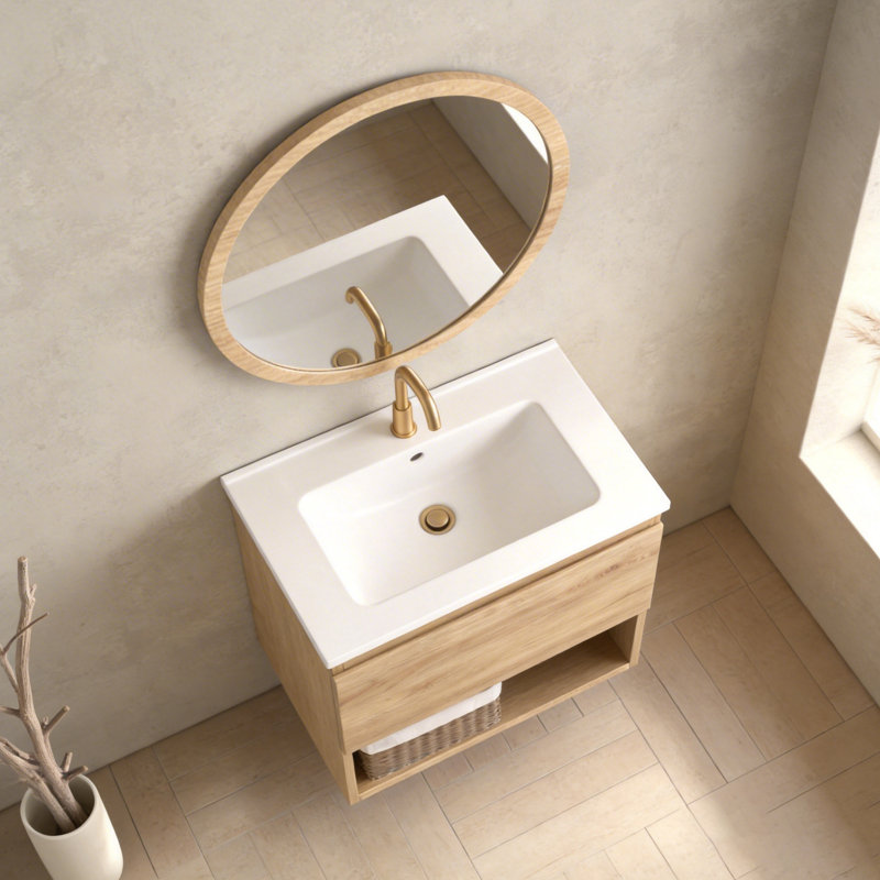Base de meuble-lavabo simple mural 24 po avec tablette ouverte naturelle (lavabo non inclus), Chêne