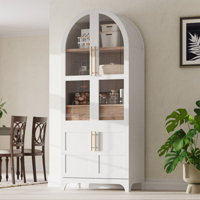 Grand garde-manger arqué de 71 po avec tablettes de porte, armoire de rangement de style campagnard avec tablettes ouvertes et réglables, tiroir caché et porte vitrée, armoire de cuisine, salle à manger