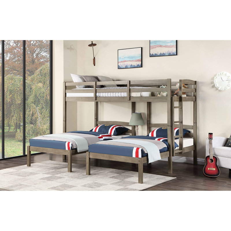 Lit simple triple style transitionnel, bois massif gris chaud, table de chevet encastrée réversible avec prise de courant et garde-corps pour dormir en toute sécurité, matériau principal en bois compatible avec les matelas, tiroir