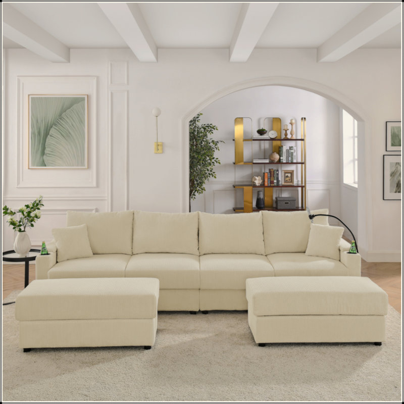 Canapé moderne en U avec 4 sièges avec rangement, 2 repose-pieds, canapé à siège profond avec porte-gobelets et support pour téléphone, canapé en velours côtelé pour le salon
