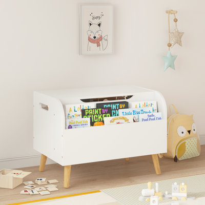 Coffre à jouets en bois pour enfants avec bibliothèque avant, couvercle rabattable et charnière de sécurité, banc de rangement pour salle de jeux et chambre à coucher, blanc