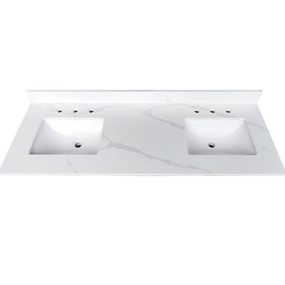 61-Inch Double Bathroom Vanity Top In White Quartz, 2 Undermount Sinks, 4-Inch Backsplash, Pre-Drilled Faucet Holes, Heat , Suitable For Family Homes Quartz Bathrooms, Single Center High Simple