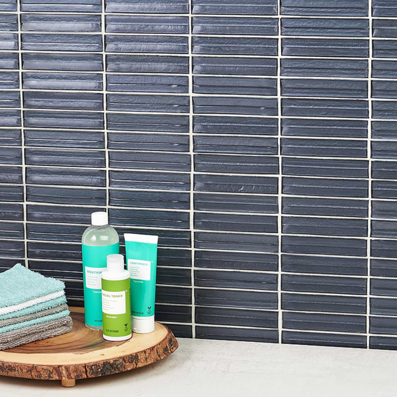 Maya Stacked 12x12 Polished Glass Mosaic Tile, Stacked Midnight