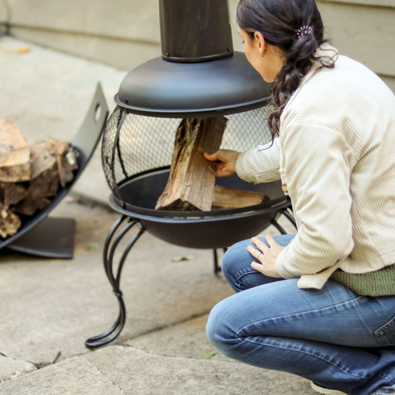66" Black Steel Wood-Burning Outdoor Chiminea with Rain Cap