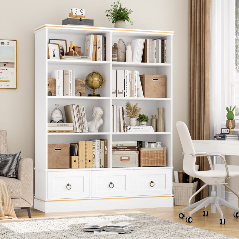 Akxel 47.2" W 3-Drawer Wood Grain Bookshelf, White