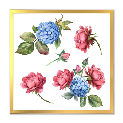 Rose rose et hortensia bleu avec feuilles - Peinture sur toile