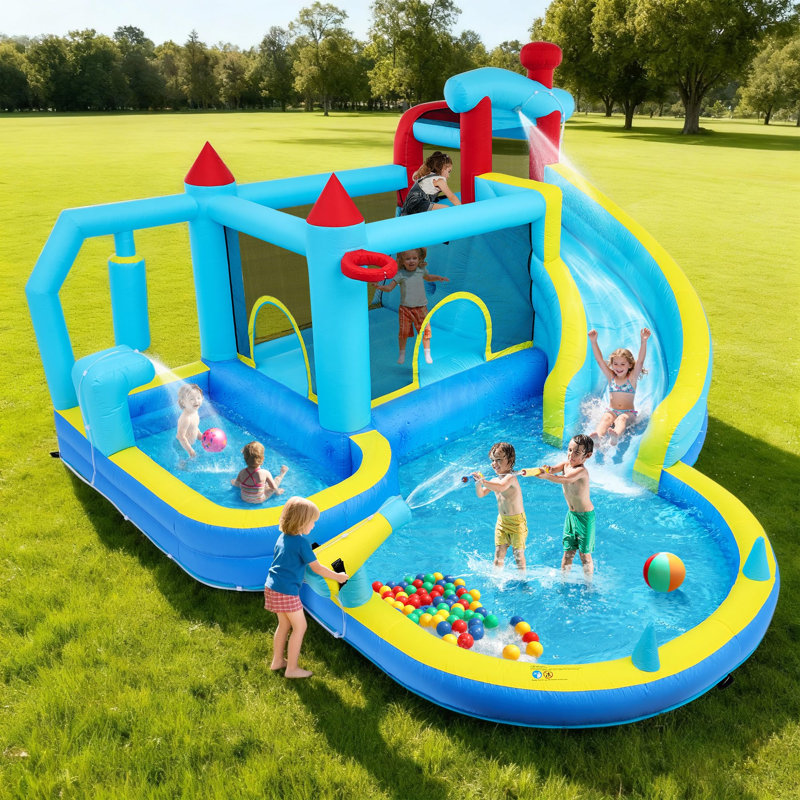 Glissade d'eau gonflable pour enfants avec soufflerie, mur d'escalade, pataugeoire et panier de basketball