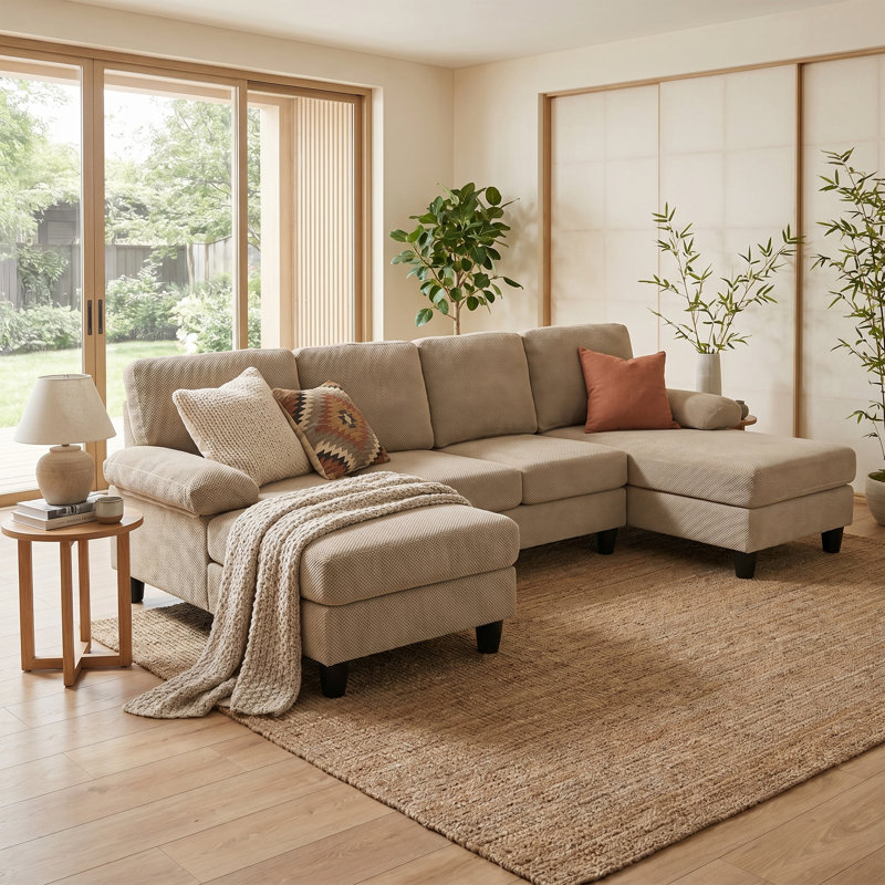 Canapé modulaire en U de 104 po, canapé 4 places Mid-Century moderne avec méridienne double et accoudoirs moelleux, revêtement en polyester texturé, conception à pieds hauts pour un nettoyage facile, assise profonde et douce