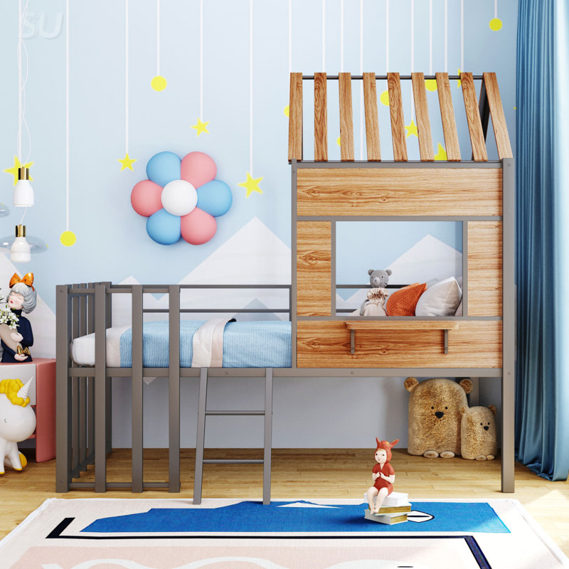 Lit mezzanine simple en métal avec toit et fenêtre, Argent argent