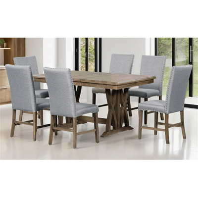 Mid-Century Solid Wood 7-Piece Dining Table Set Extendable Kitchen Table Set with Upholstered Chairs and 12" Leaf for 6