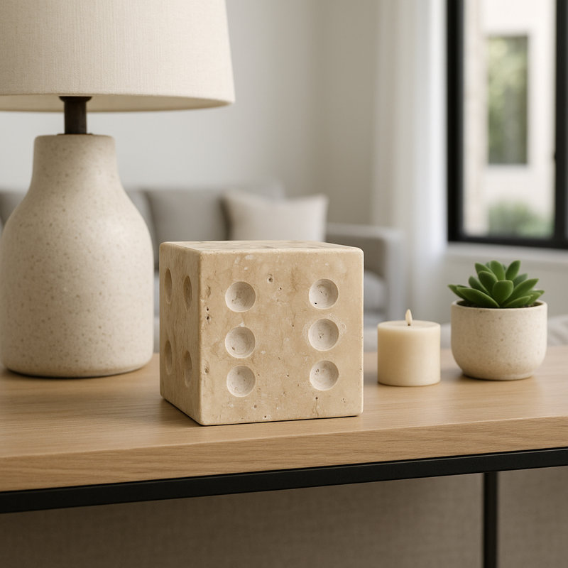 Natural Travertine Dice Sculpture For Home Decor - Shelf Or Desk Decorative Object Figurine Statue - Contemporary Decorations For Living Room - 4", Tan