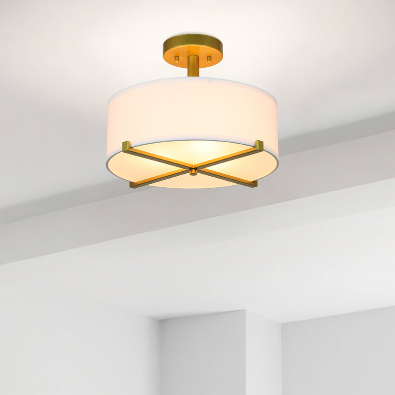 Fabric Semi Flush Mount, Gold Brass