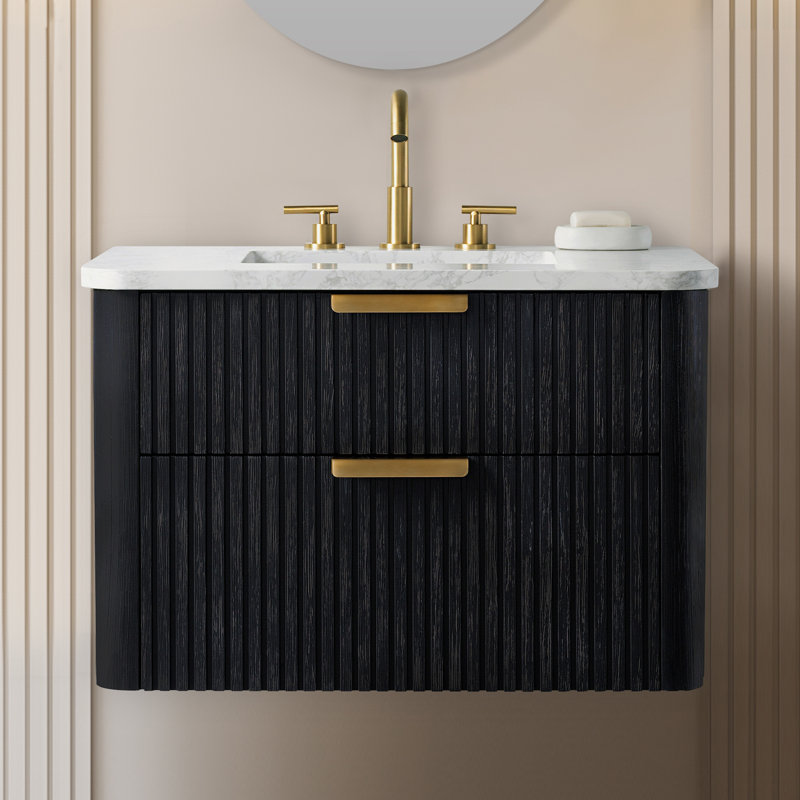 Liljan 30'' Wall-Mounted Single Bathroom Vanity with Engineered Stone Top, Black Oak/Brushed Bronze