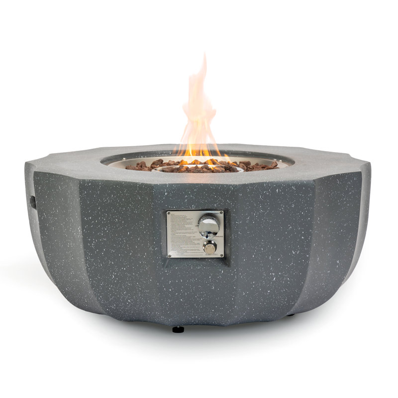 36-Inch Fire Pit Table For Garden, Gray Magnesium Oxide, Electronic Pulse Igniter, Two - Stage Flame Round Backyard, 50000 , Finish, Stainless Steel Burner, Easy Ignition
