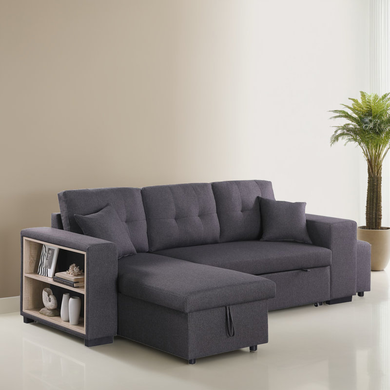 Canapé-lit modulaire réversible 95,31 po avec méridienne et rangement, Lin gris foncé