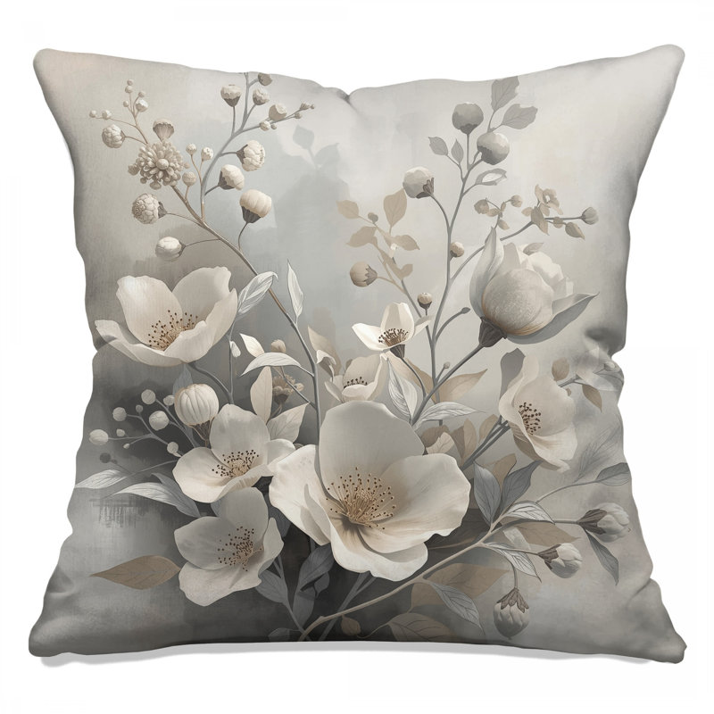 Coussins décoratifs à double face avec fleurs blanches et beiges, 14 X 14 pouces