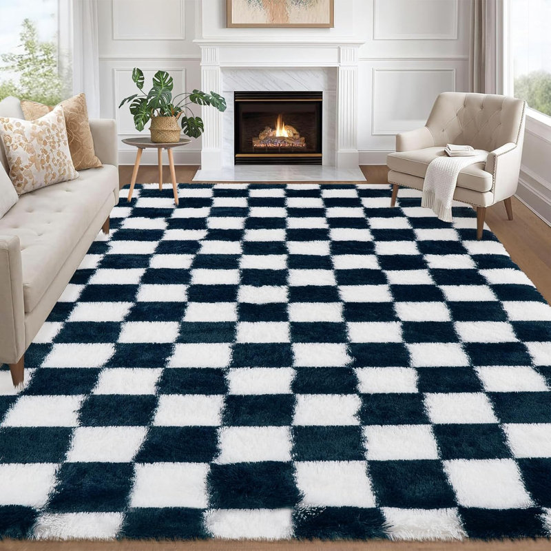 Rug - Machine Washable, Non-Slip, Stain-Resistant Checkerboard Plush Carpet for Hallways, Entryways, Bedrooms (Navy Blue)