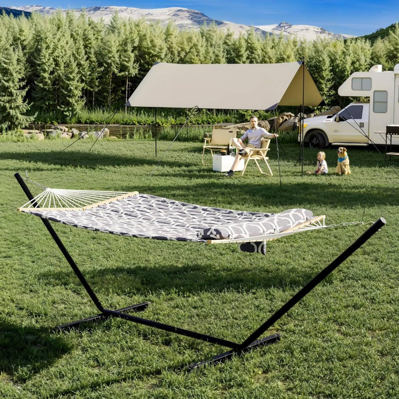 Double Hammock with Stand, 204KG Capacity Heavy Duty Hammock with Quilted Net, Detachable Pillow & Storage Bag, Portable for Patio, Pool, Garden and Camping,Green