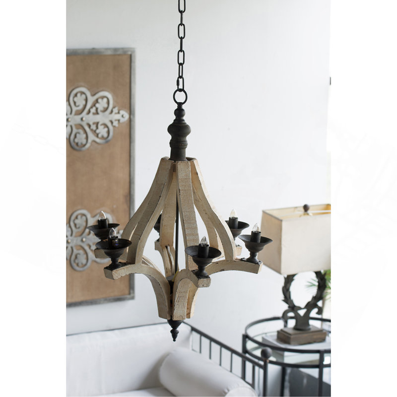 Lustre en bois 6 lumières, luminaire suspendu avec chaîne réglable pour le vestibule de la salle à manger de la cuisine, ampoule non incluse