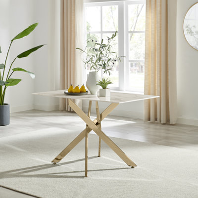 Chanden Luxury Marble Effect Glass 4 Seater Dining Table - Modern Statement Design