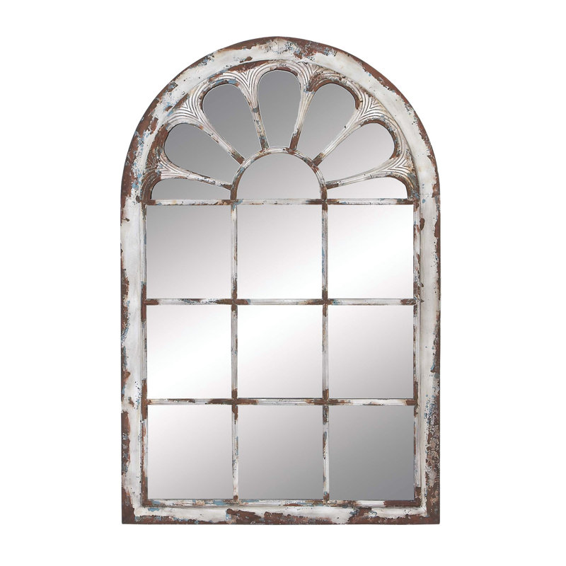 White Distressed Wood Arched Windowpane Wall Mirror