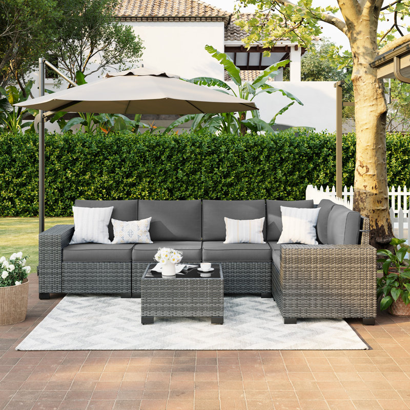 Earling 5 - Person Modular Wide Armrest Outdoor Rattan Sectional Seating Group, Dark Gray/Gray