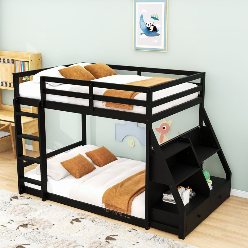 Lit superposé double avec 2 tiroirs en bois avec tablettes, Noir