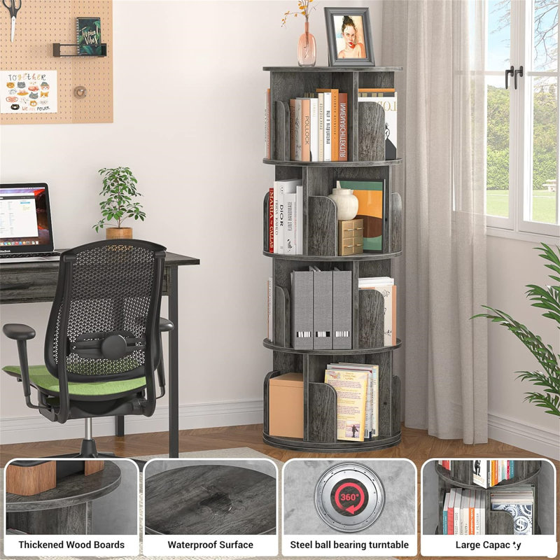 Gray Oak 4-Tier Rotating Corner Bookshelf with Cubes