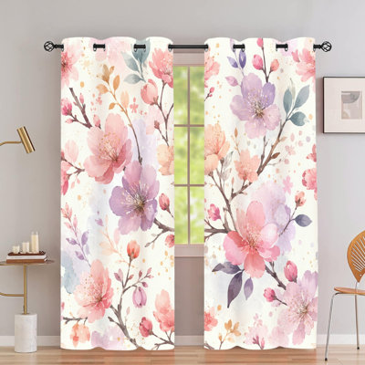 2 rideaux occultants avec œillets, 2 panneaux de polyester à imprimé floral cerisier en fleurs, isolant thermique, réducteur de bruit, protection de la vie privée, obscurcissant les habillages de fenêtre pour la chambre à coucher