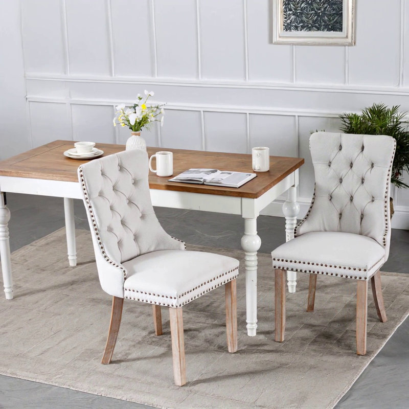 High-End Tufted Solid Wood Contemporary Flax Upholstered Linen Dining Chair With Wood Legs Nailhead Trim 2-Pcs Set, Natural