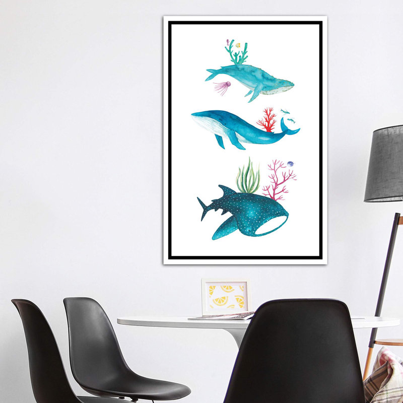 Créatures de l'océan - impression, Pas de tapis, Toile blanche encadrée, H 60 po x l 40po x P 1,5 po