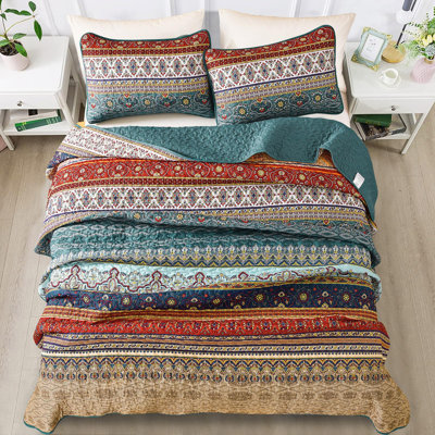 Set of 3 Boho Bohemian Quilt Set Lightweight Reversible Microfiber Bedspread Coverlet All Season Bed Decor