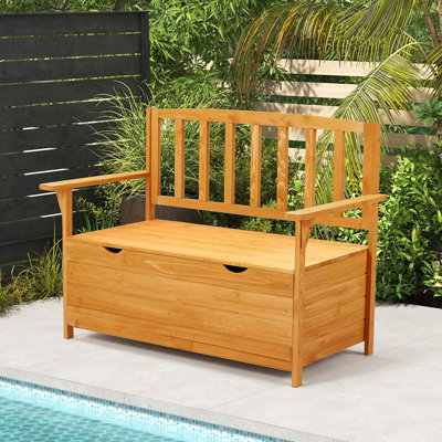 Banc de rangement extérieur en bois, boîte de rangement de patio avec poignée et sièges portatifs, banc de rangement de terrasse avec accoudoirs et dossier pour la cour et le balcon, jaune