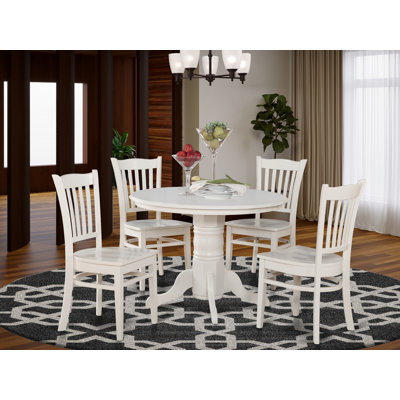 5 Piece Kitchen Table & Chairs Set Includes a Round Dining Room Table with Pedestal and 4 Solid Wood Seat Chairs, Linen White