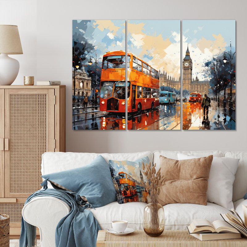 «Red Beige City London Popart I» sur toile, reproduction de 3 pièces, H 40 po x l 60 po x P 1 po