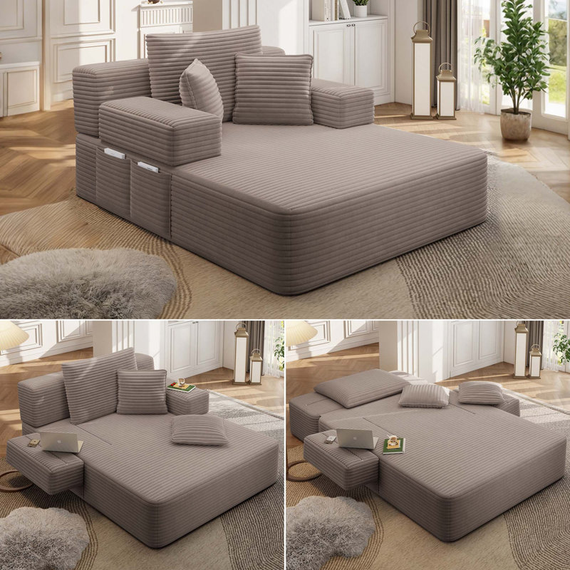 Luxueuse chaise longue convertible avec fonction canapé-lit 2-en-1, coussin en mousse à ressort, pochette de rangement et conception sans assemblage pour les petits espaces
