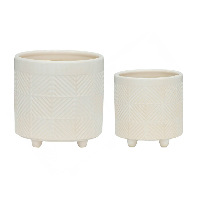 S/2 6/8" TEXTURED PLANTERS, SHINY WHITE, White