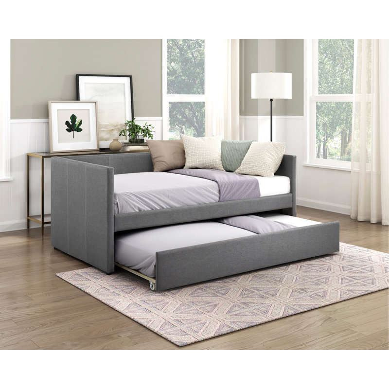 1Pc Daybed With Trundle Dark Gray Fabric Upholstery Wooden Frame Modern Home Furniture, Dark Gray