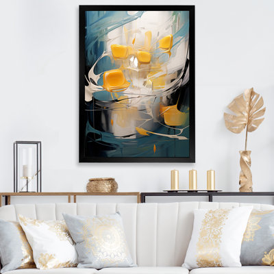 Sudden Happiness abstrait bleu sarcelle et jaune - peinture abstraite, impressions d'art mural