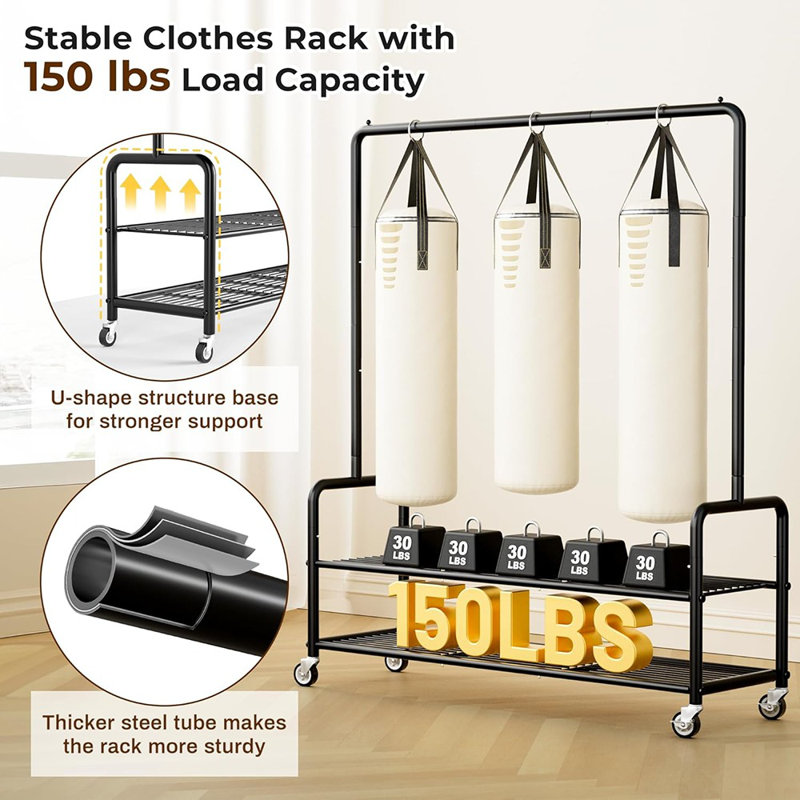 Portant à vêtements sur roulettes avec tablettes - noir - 46,5 po de largeur / structure en métal / conception autoportante