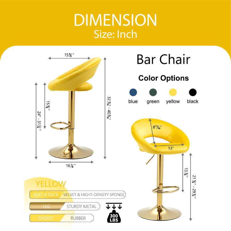 Tabouret pivotant à hauteur réglable, Jaune