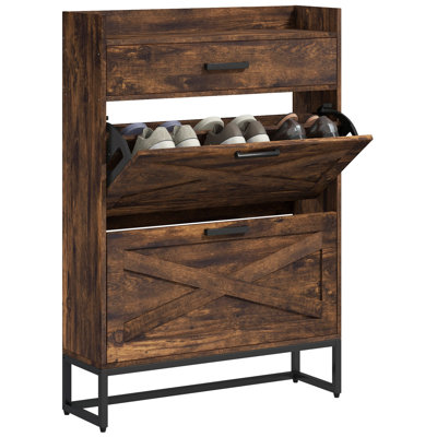 Armoire à chaussures étroite avec 2 portes rabattables et un tiroir supérieur, brun