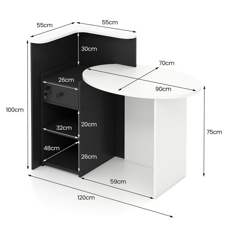 White Reception Desk Front Counter Desk W/ Lockable Drawer Adjustable Shelf Oval Desktop Retail Counter For Checkout
