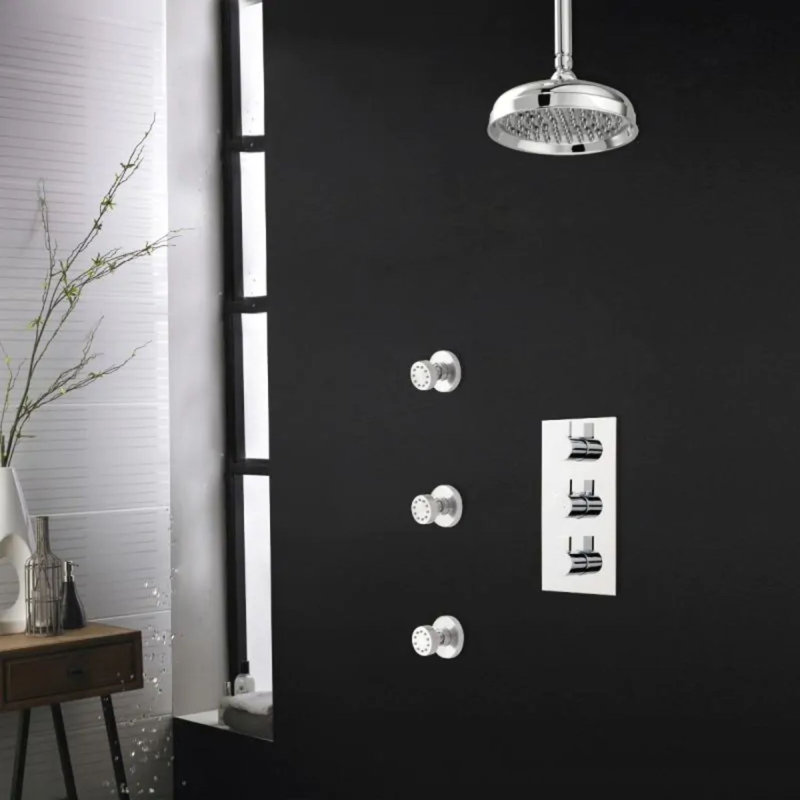 Système de douche thermostatique Juno avec pomme de douche ronde à 3 jets de pluie