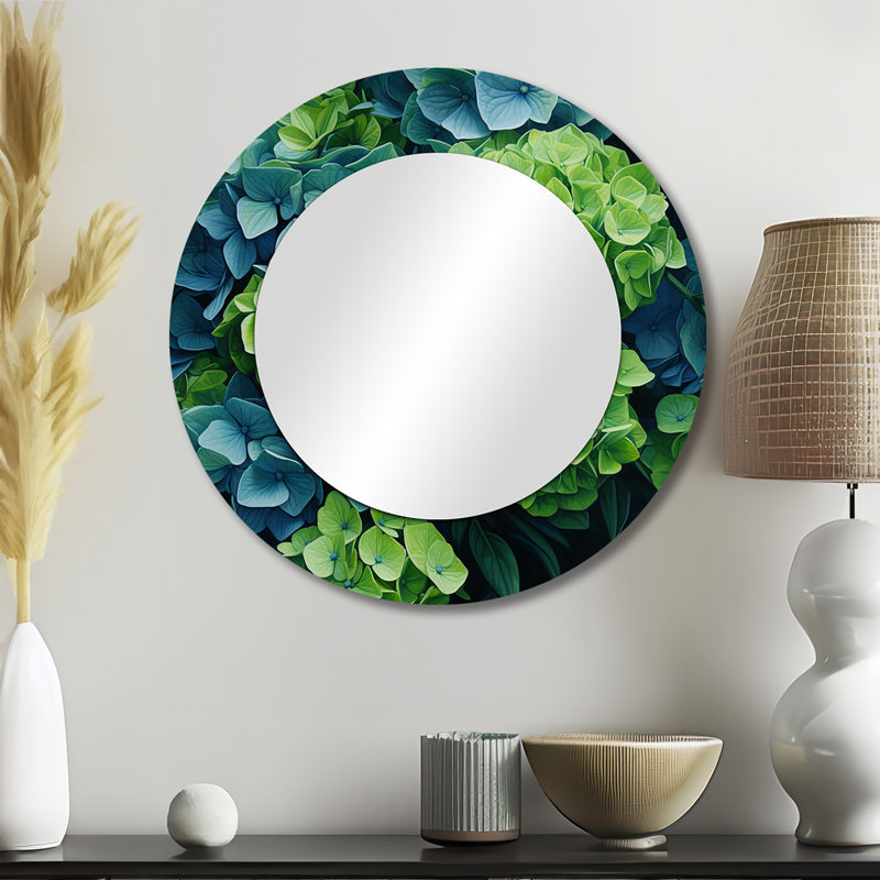 Green Blue Hydrangea Emerald Blooms - Hydrangea Mirror, Traditional Decorative Wall Mirror, Printed Metal Art, 23" x 23"