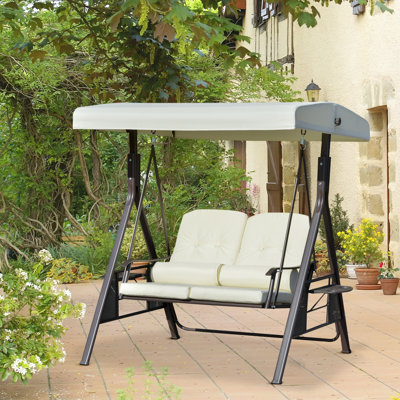 Banc de patio pour 2 personnes avec auvent réglable, coussins moelleux, coussins décoratifs et plateau, beige.