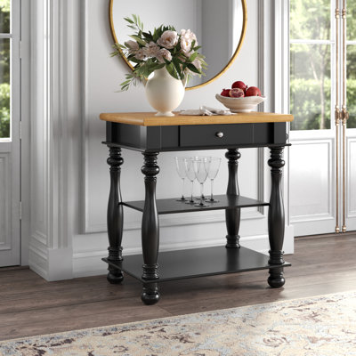 Behling Solid Butcher Block Kitchen Island with Baskets and Storage Shelf